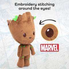 Marvel Groot stuffed pillow buddy in car demonstrates travel-friendly comfort.