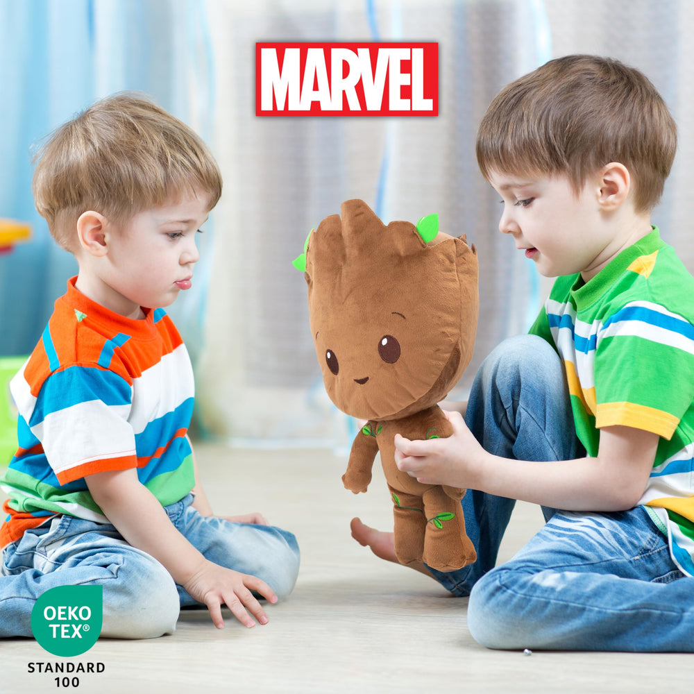 Marvel Groot stuffed pillow buddy during playtime shows versatile kid-friendly companion.