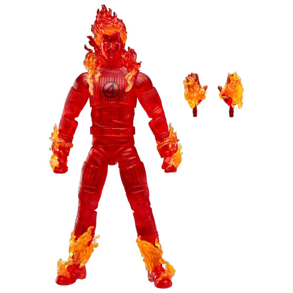 Marvel Human Torch figure front view showcases detailed flame texture for display.