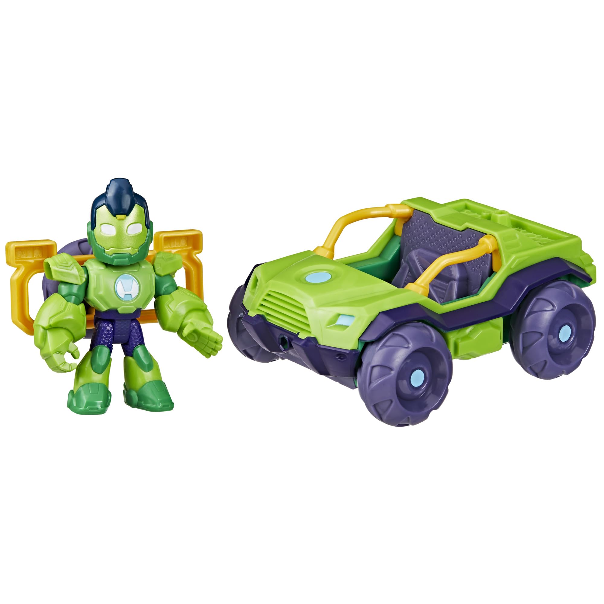Marvel Iron Man and Iron Hulk figure inside car for action storytelling.