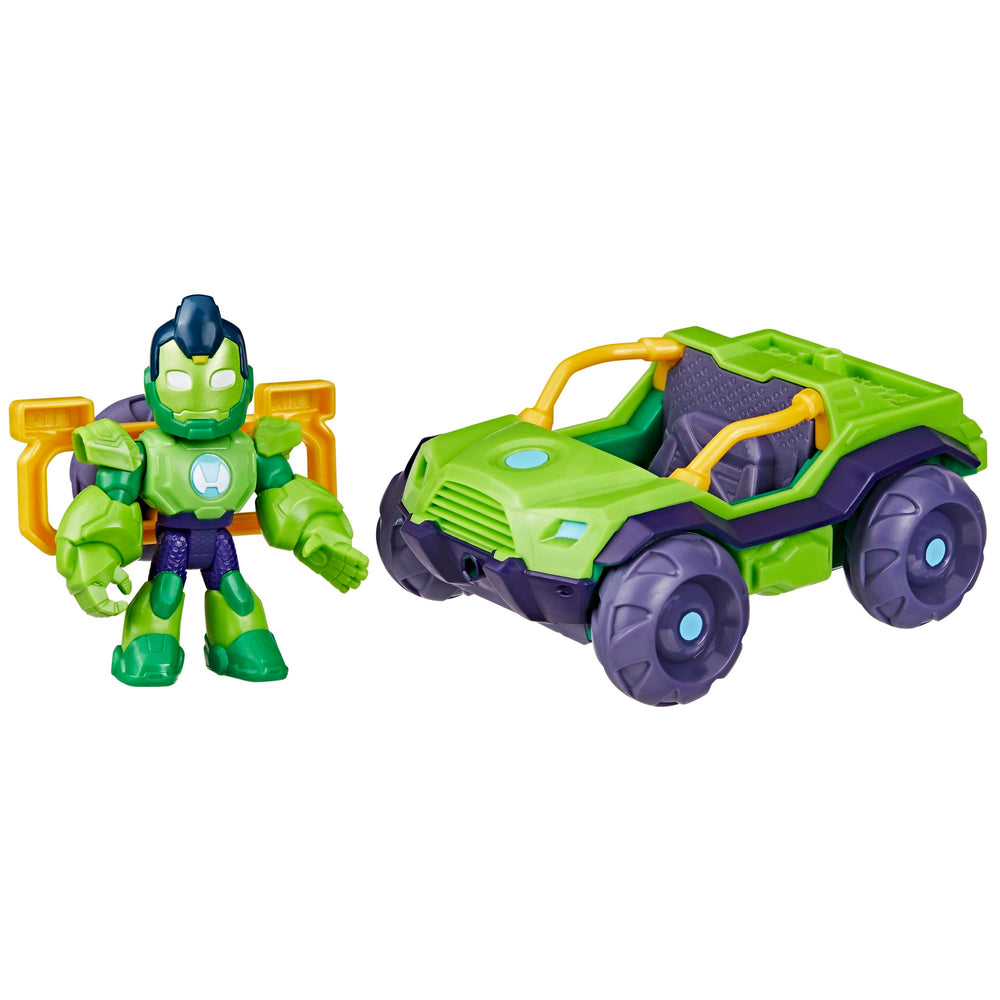 Marvel Iron Man and Iron Hulk figure inside car for action storytelling.