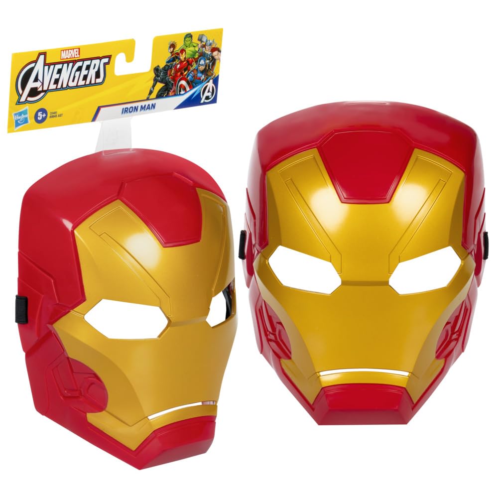 Marvel Iron Man mask front view with adjustable strap for kid cosplay and imaginative play.