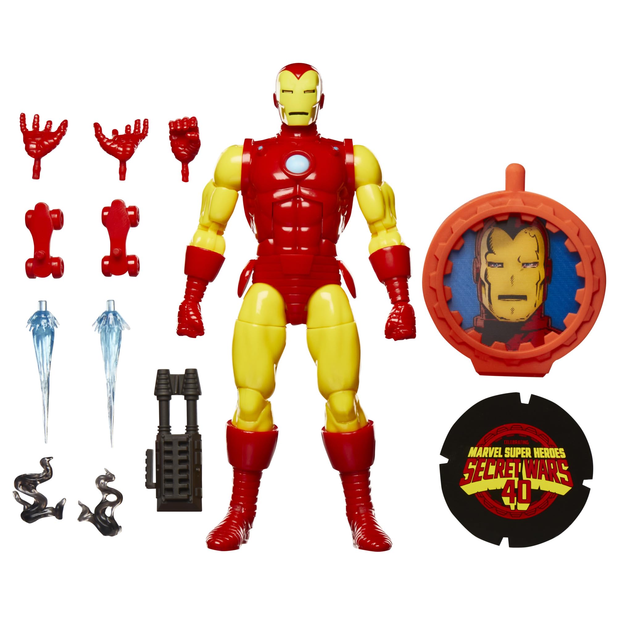 Marvel Legends Iron Man 6in front view highlighting retro armor for display.