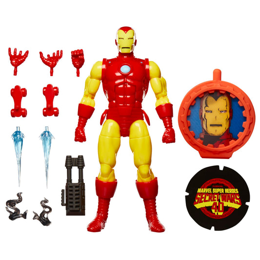 Marvel Legends Iron Man 6in front view highlighting retro armor for display.