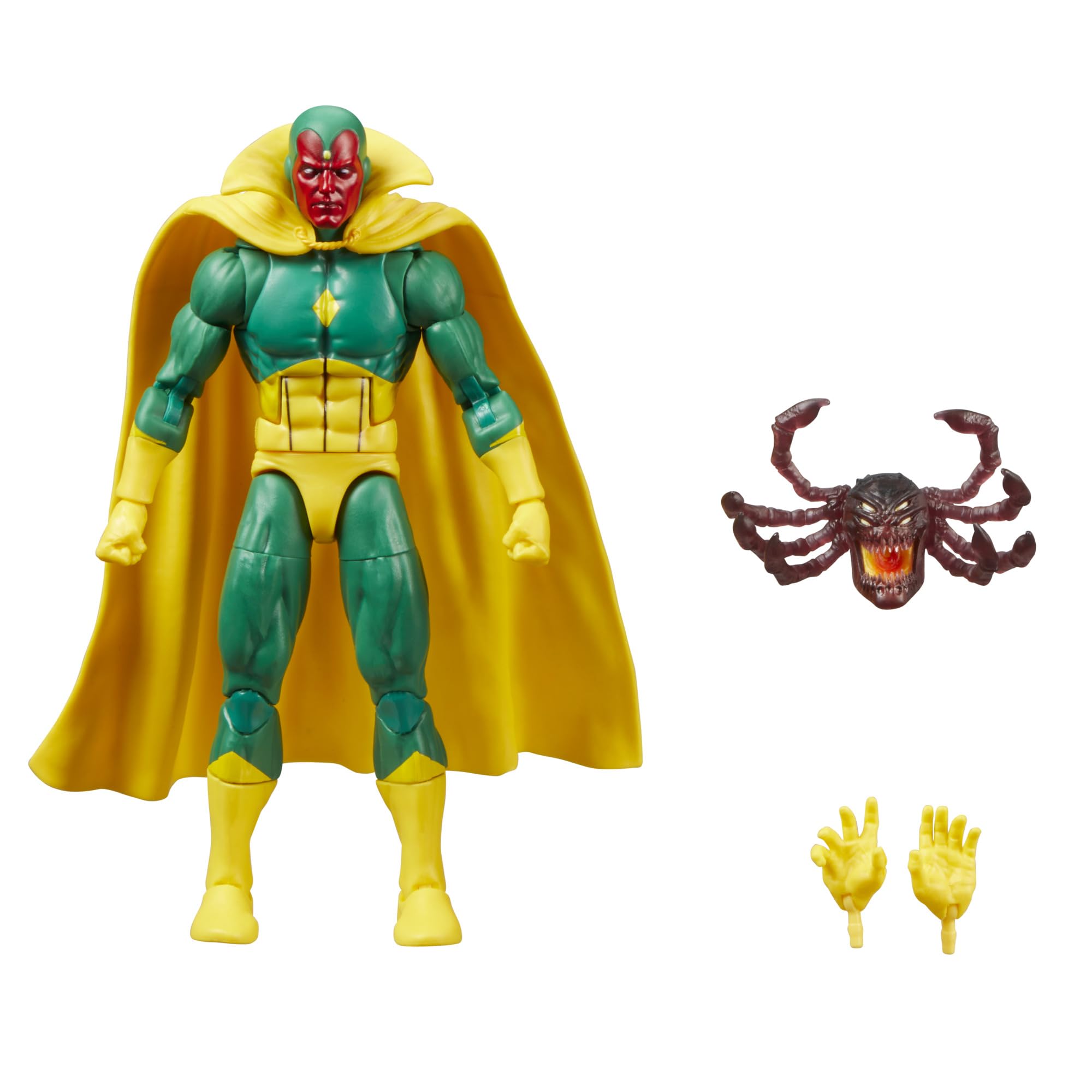 Marvel Legends Vision figure front view with comics-inspired deco for display.