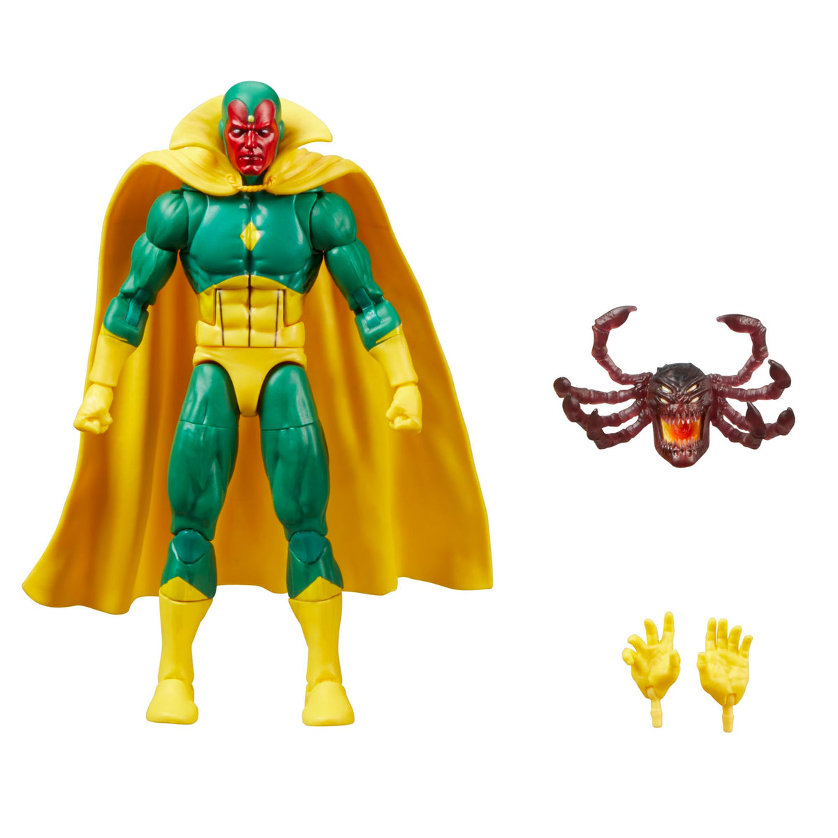 Marvel Legends Vision figure front view with comics-inspired deco for display.