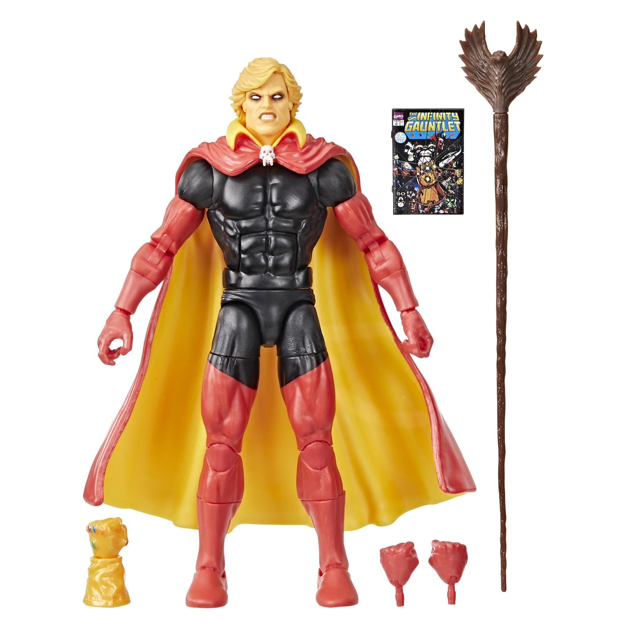 Marvel Legends Adam Warlock action figure in Infinity Gauntlet pose for display.