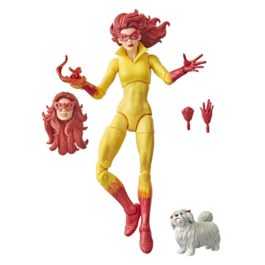 Marvel Legends Firestar figure with Ms. Lion dog for dynamic display in your Marvel collection.