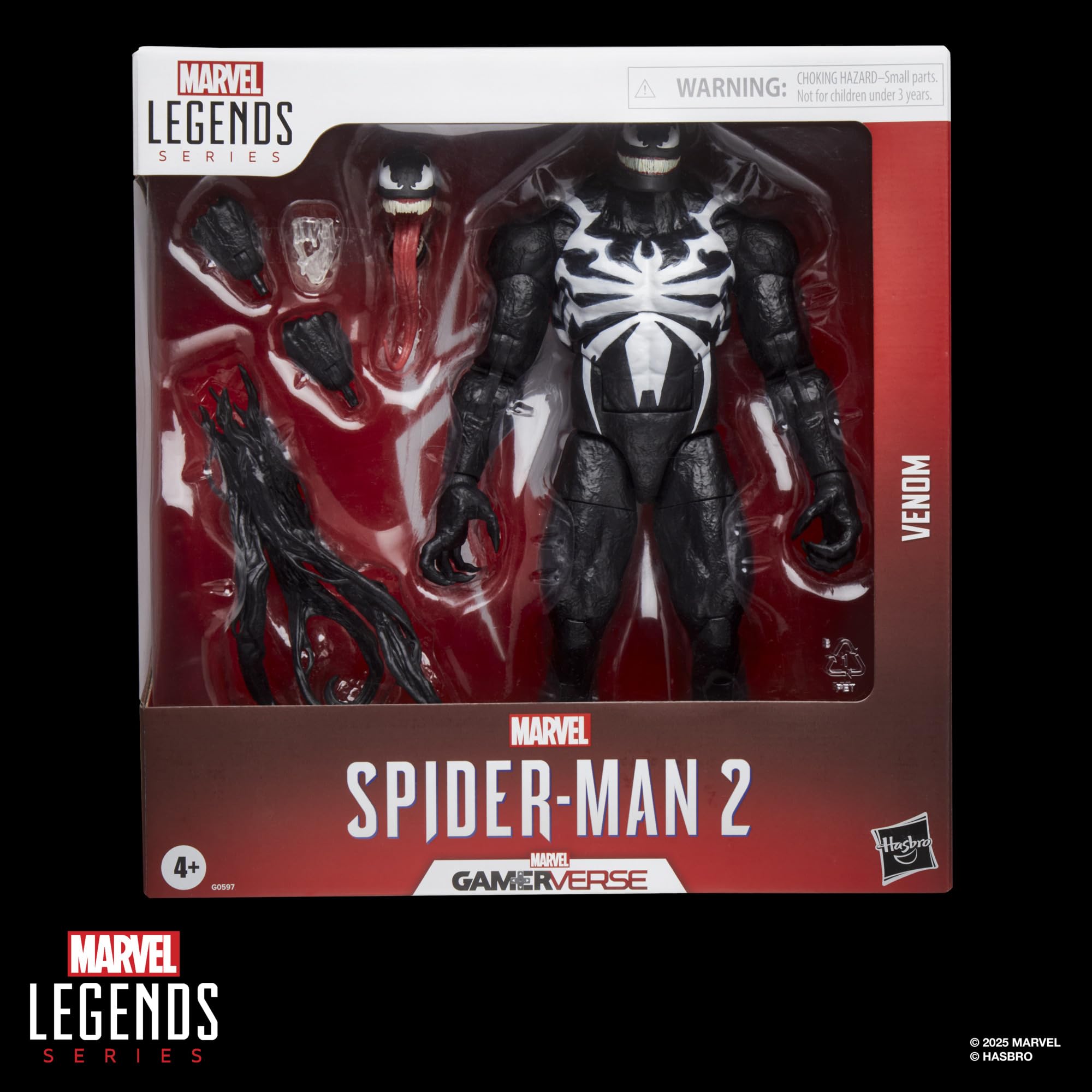 Marvel Legends Gamervers Venom rear view, shows deco details for shelf display.