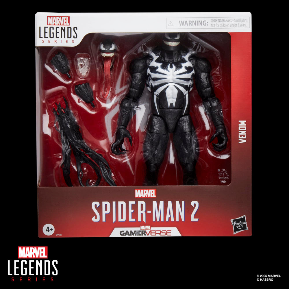 Marvel Legends Gamervers Venom rear view, shows deco details for shelf display.