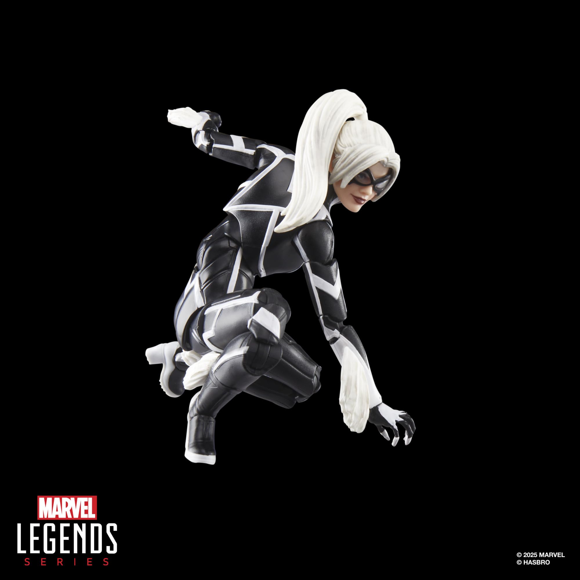 Marvel Legends Black Cat figure articulation range highlighting over 20 points