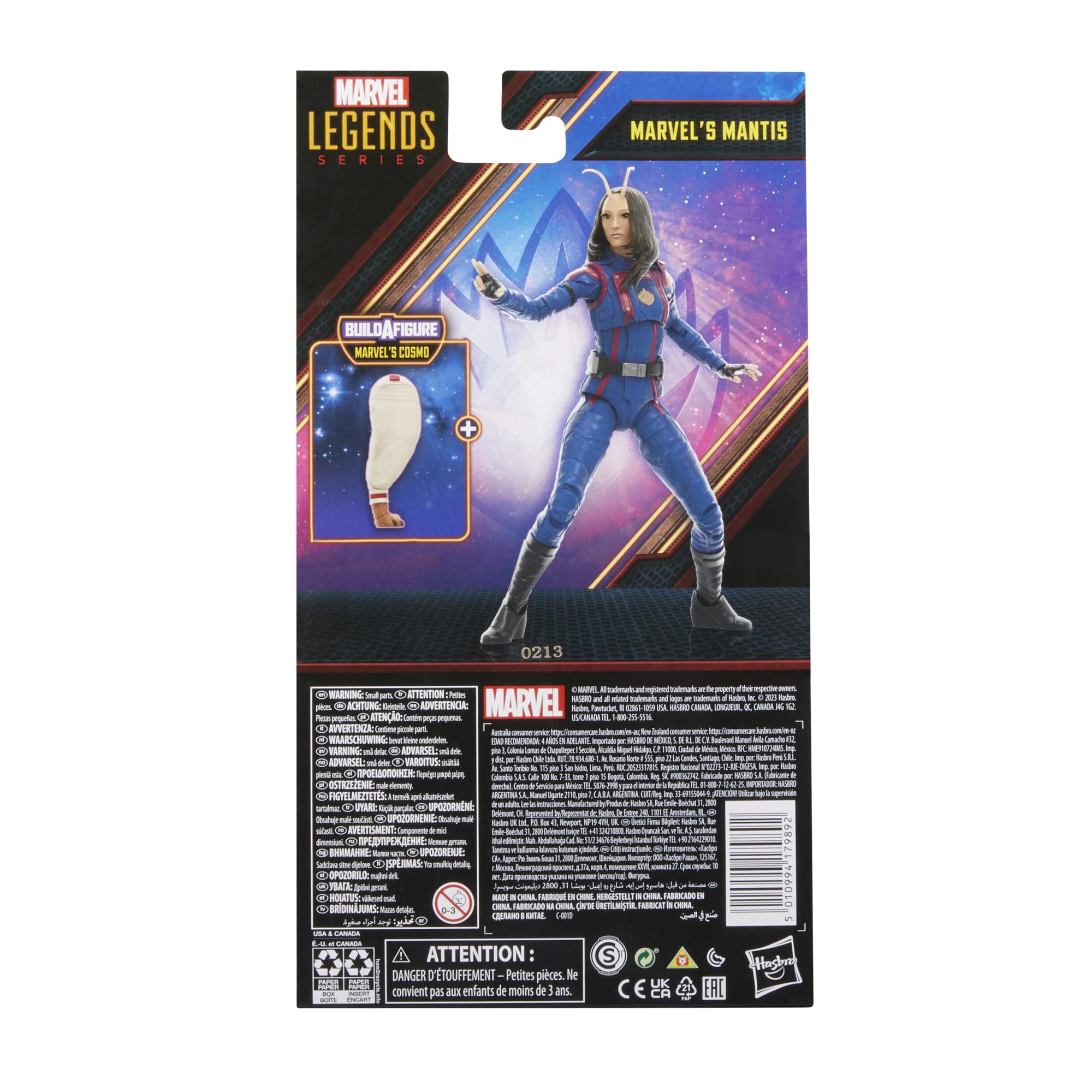 Marvel Legends Mantis close-up deco highlights movie-inspired colors and details.