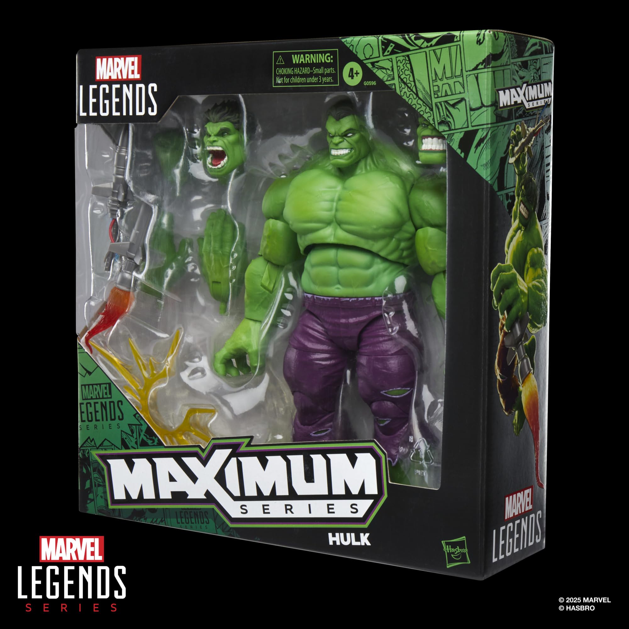 Marvel Legends Maximum Hulk figure accessories include alternate heads and hands for display variety.