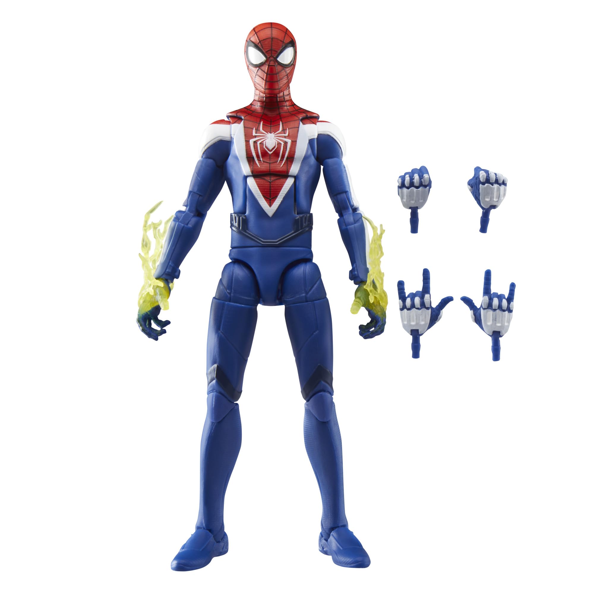 Marvel Legends Miles Morales upgraded suit front view for display.