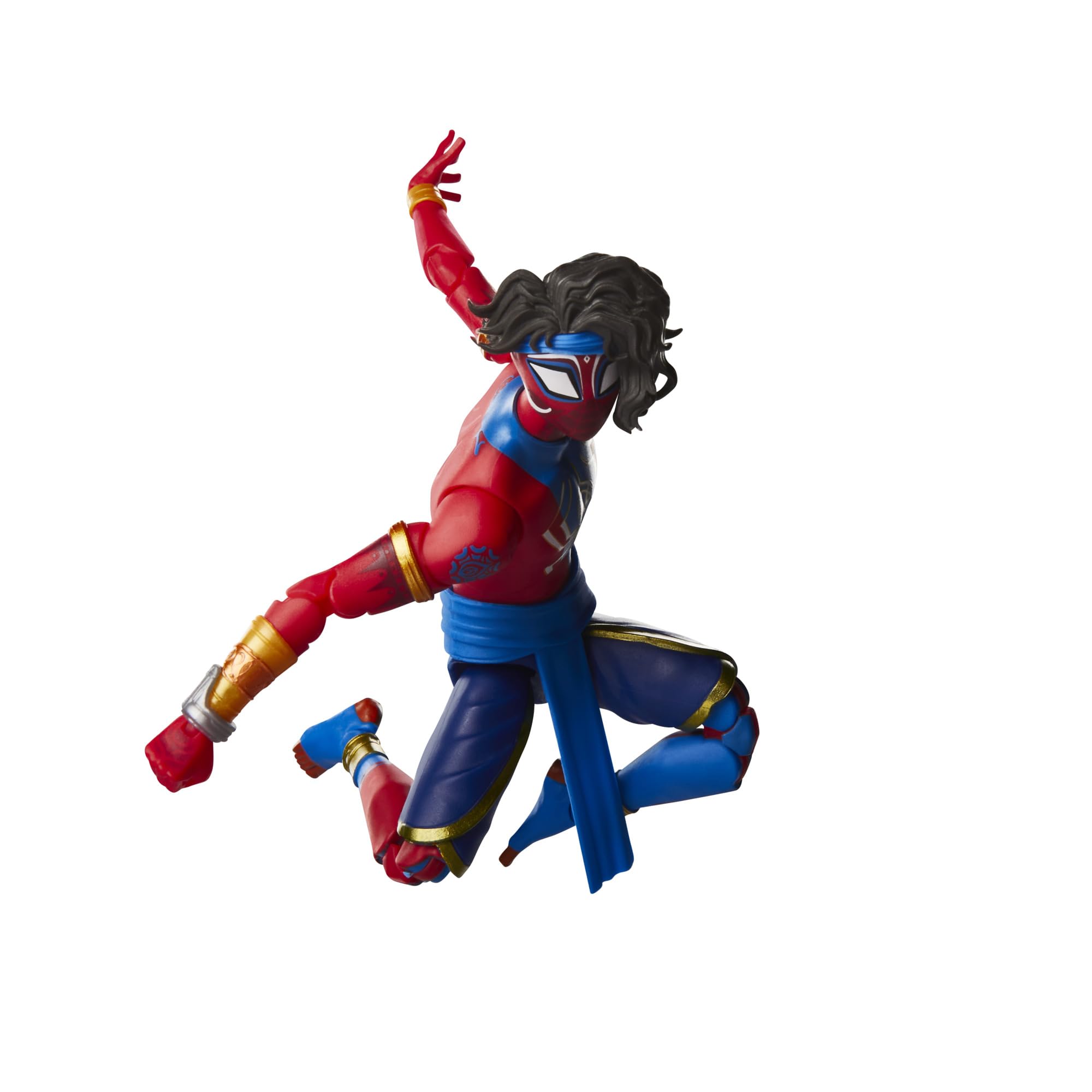 Marvel Legends Pavitr Prabhakar figure articulation enables dynamic shelf poses.