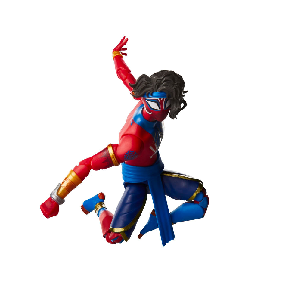 Marvel Legends Pavitr Prabhakar figure articulation enables dynamic shelf poses.