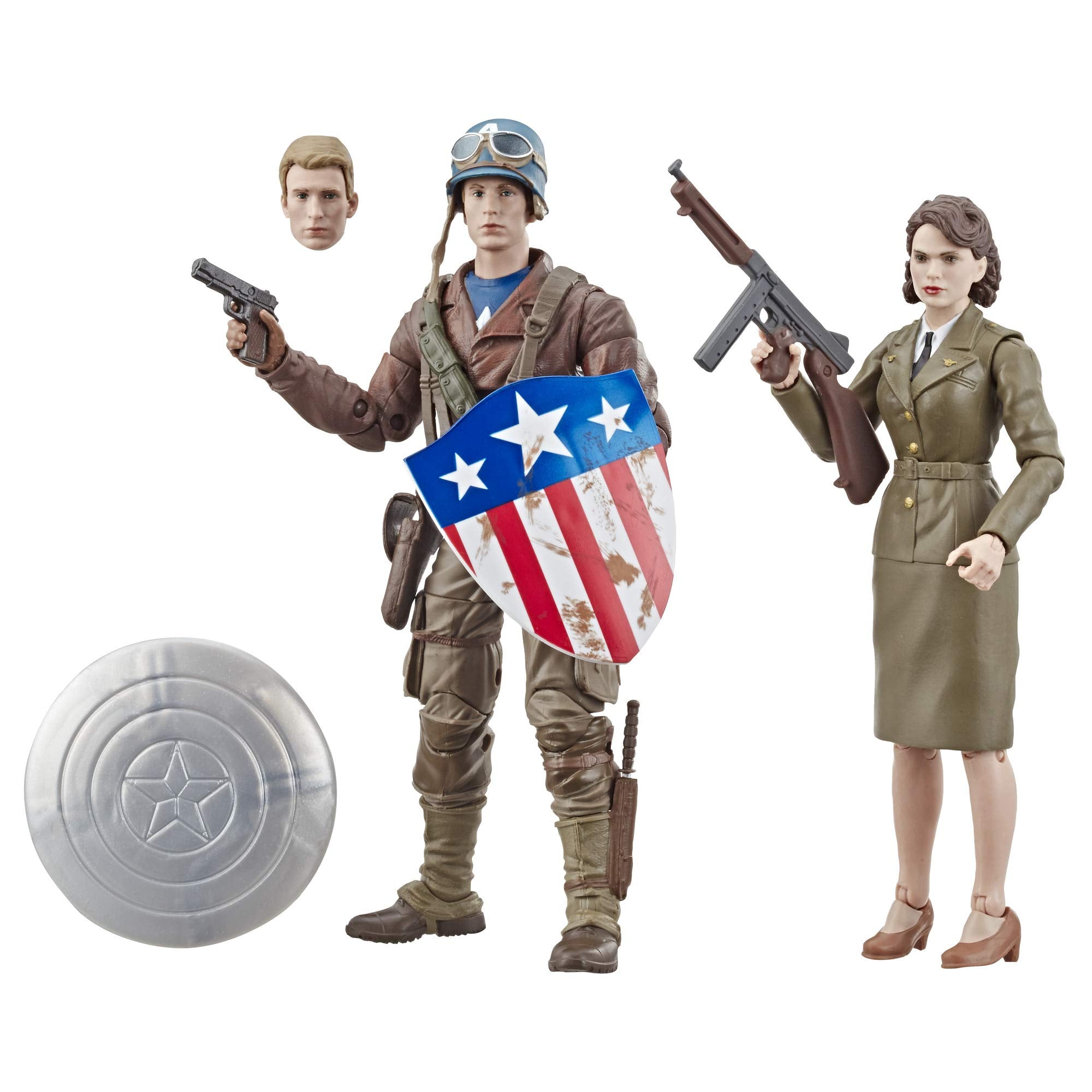 Peggy Carter and Captain America figures from Marvel Legends 2-pack for dynamic scenes.