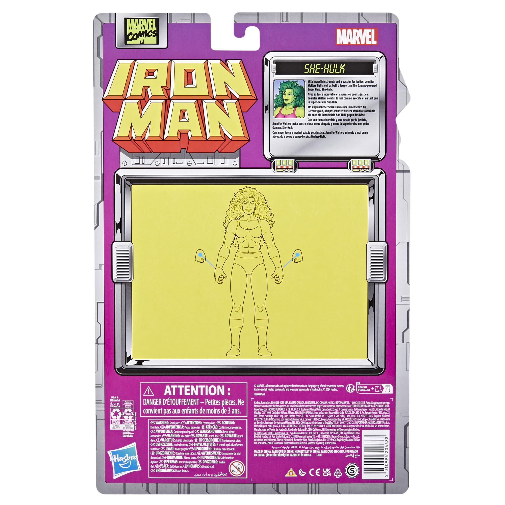 Marvel Legends She-Hulk 6-inch figure retro card back for shelf display.