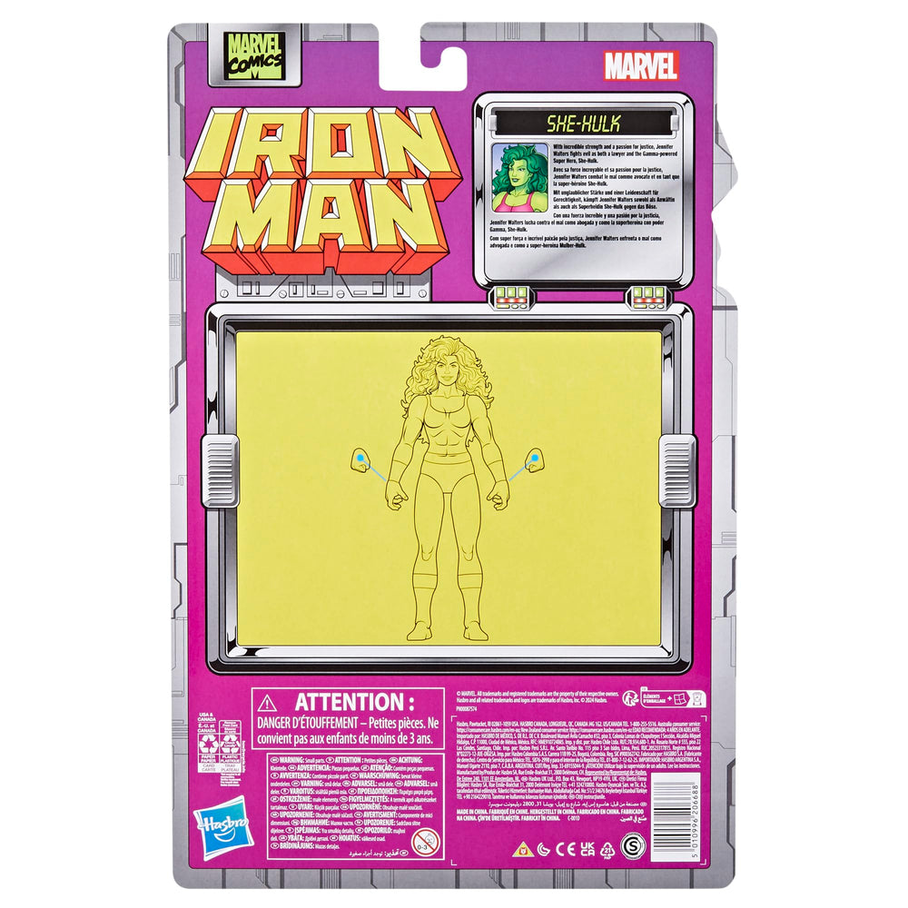 Marvel Legends She-Hulk 6-inch figure retro card back for shelf display.