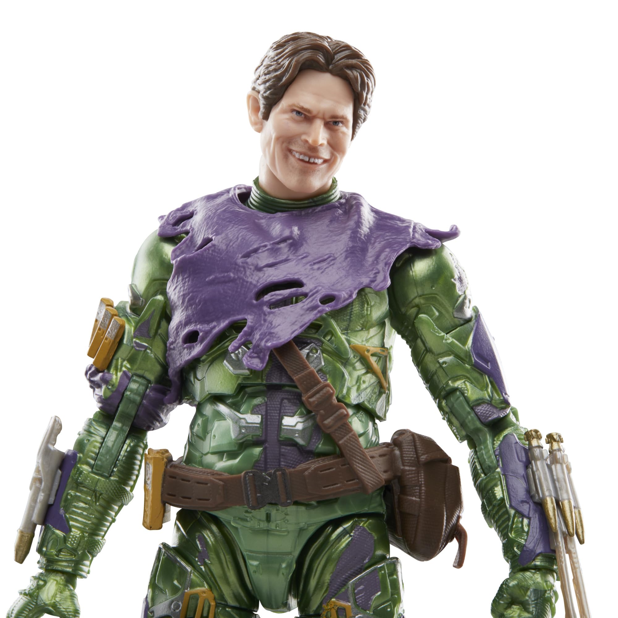 Six accessories laid out with Green Goblin and Spider-Man figures for display ideas.