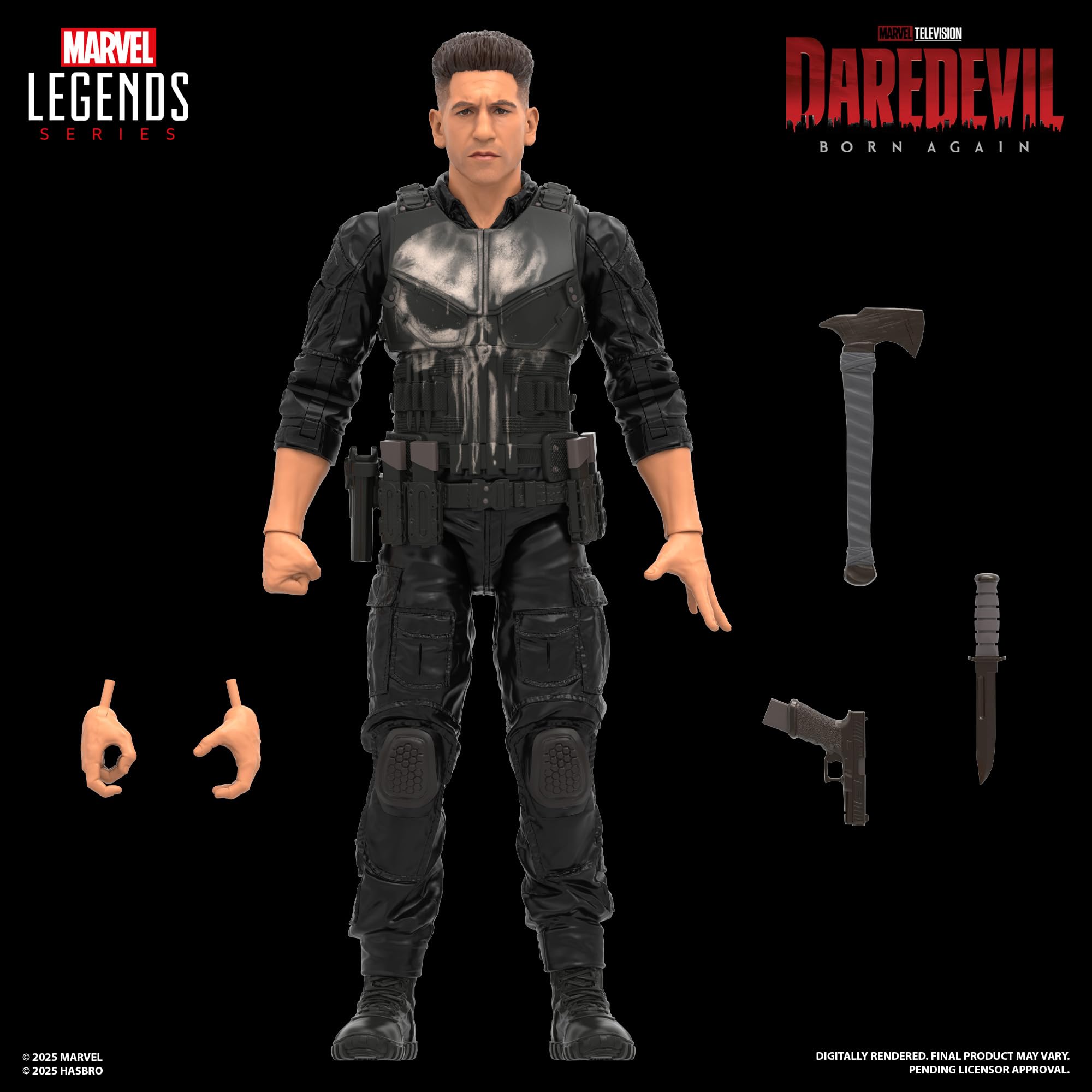 Marvel Legends Daredevil Born Again Punisher figure shown on a display shelf