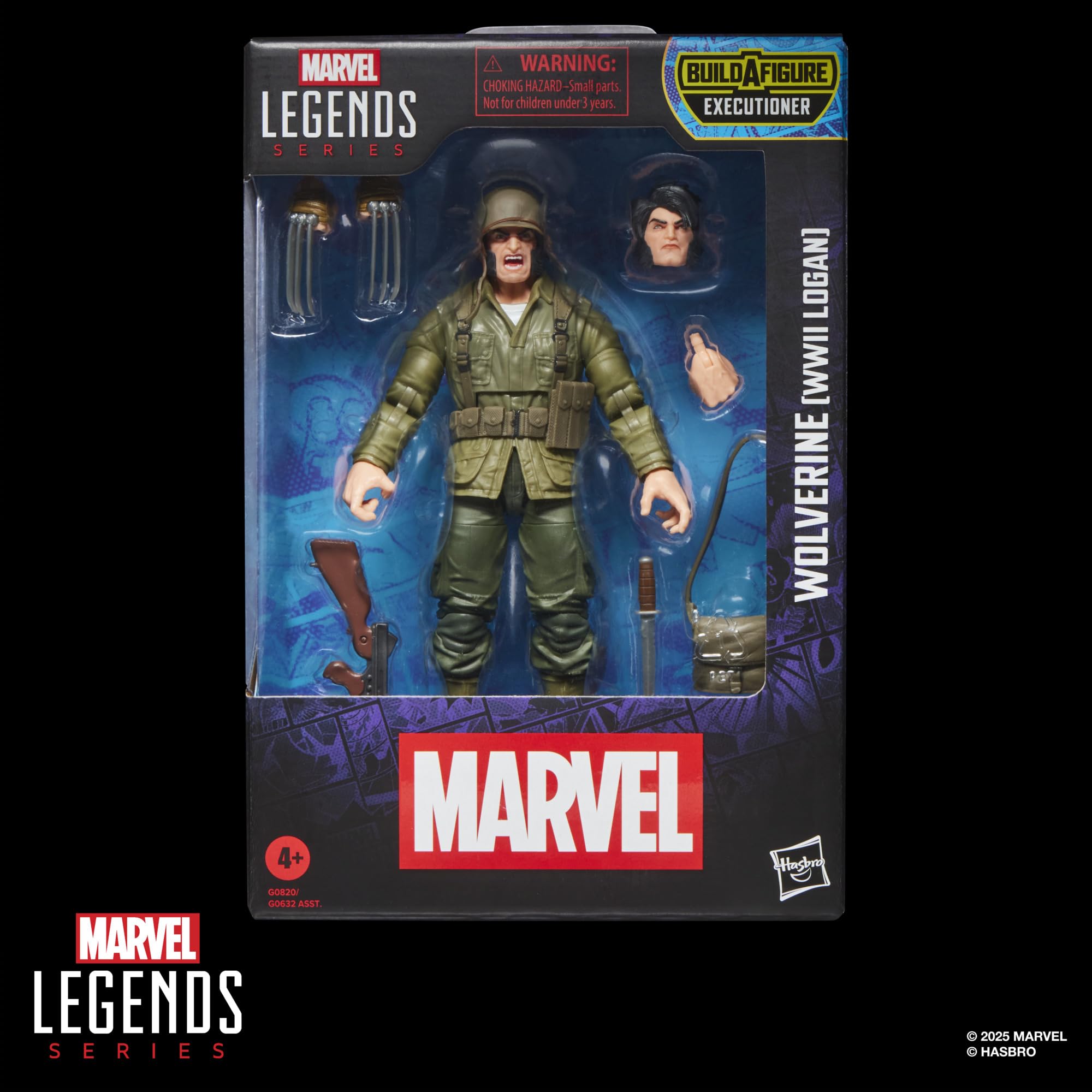 Marvel Legends Wolverine WWII Logan comics-inspired deco enhances display.