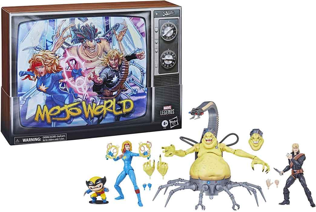 Marvel Legends X-Men Mojoworld Pack figure set with four 6-inch figures and 11 accessories for dynamic display and storytelling.