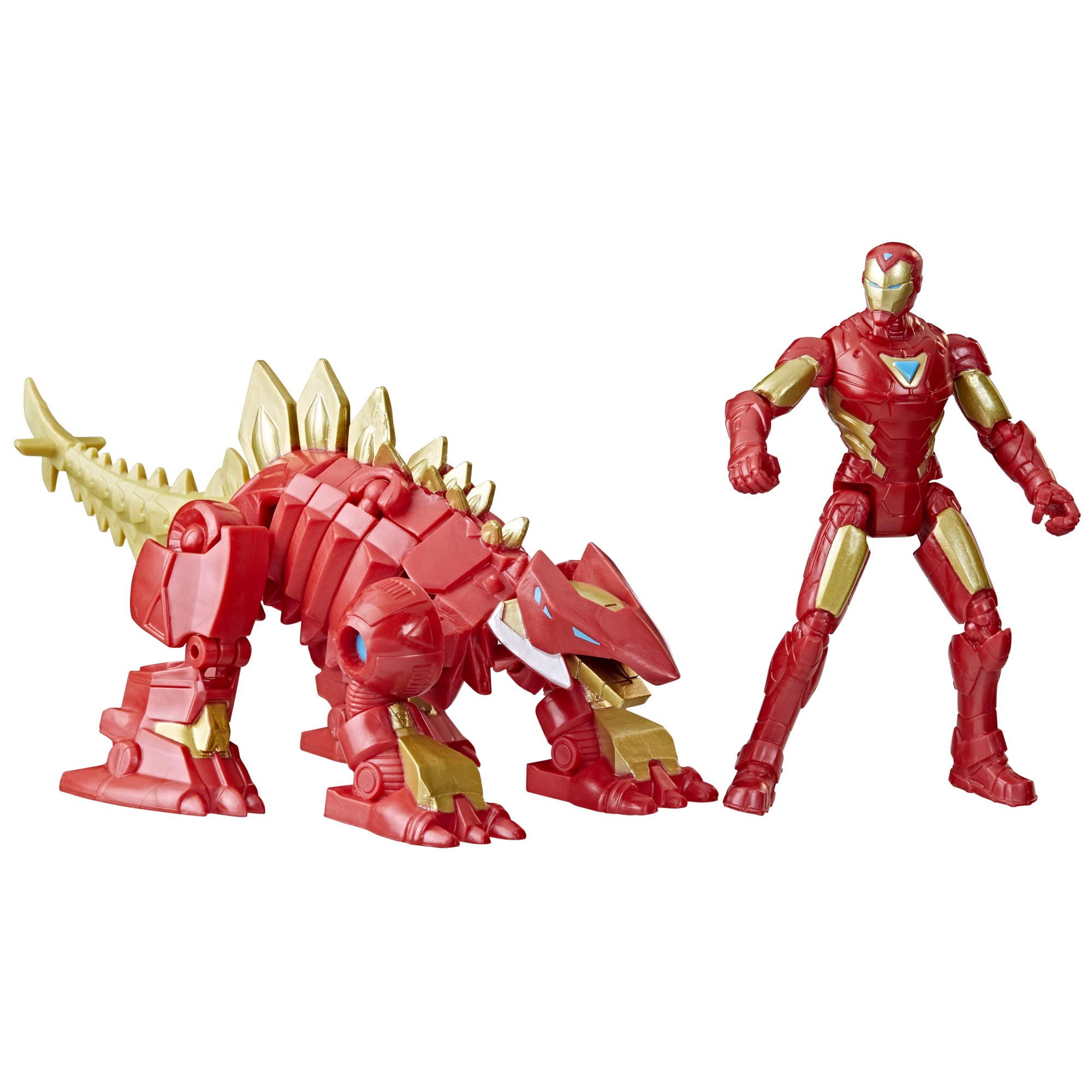 Marvel Mech Strike Mechasaur Iron Man with iron stomper in battle pose for kids.
