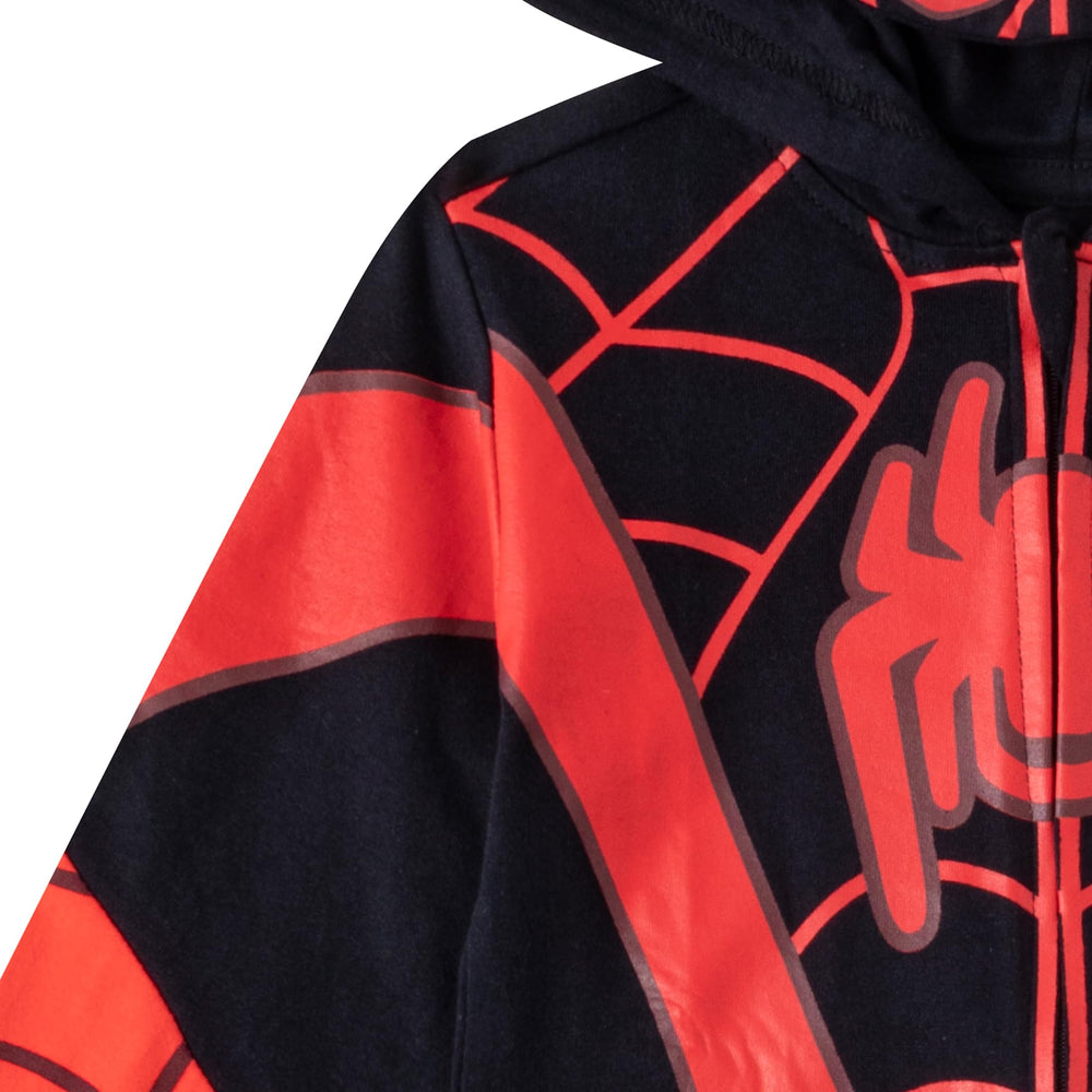 Marvel Miles Morales Spider-Man hooded coverall front view for 4T, ideal for fall layering.