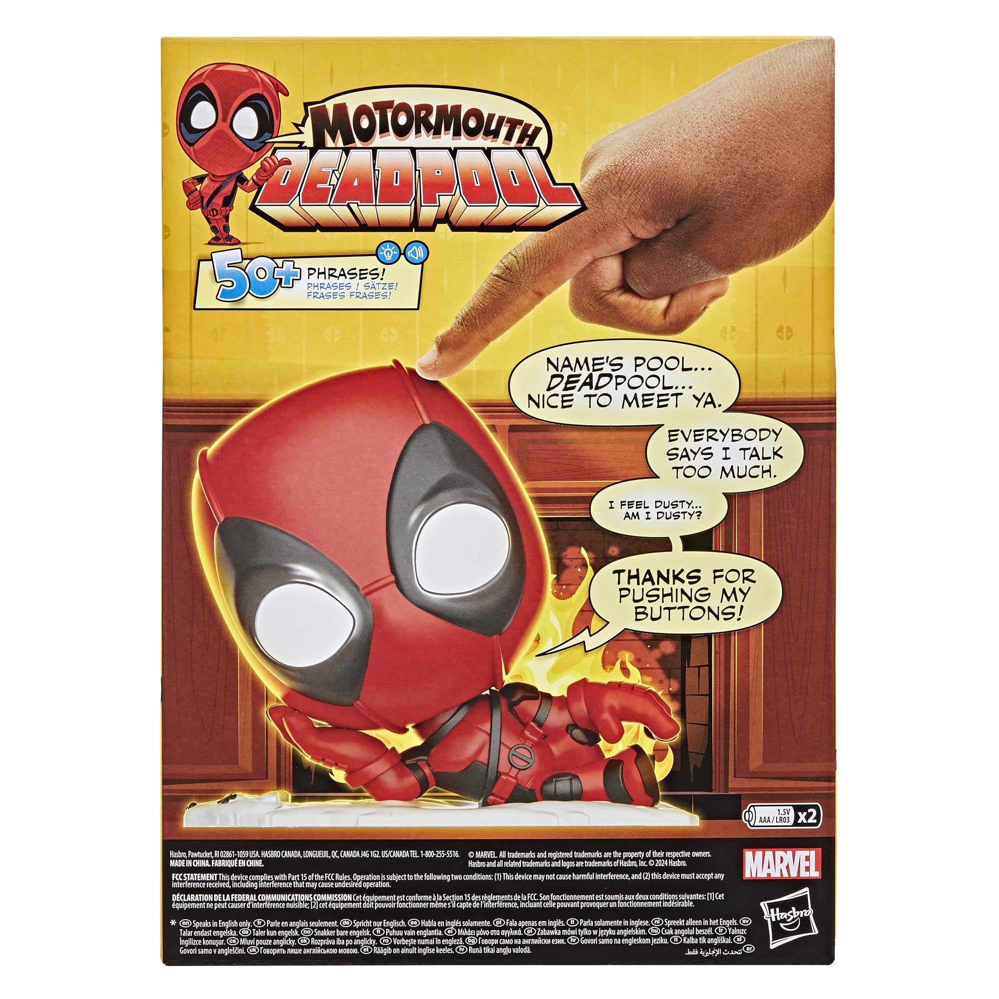 Marvel Motormouth Deadpool stylized design adds humor to display.