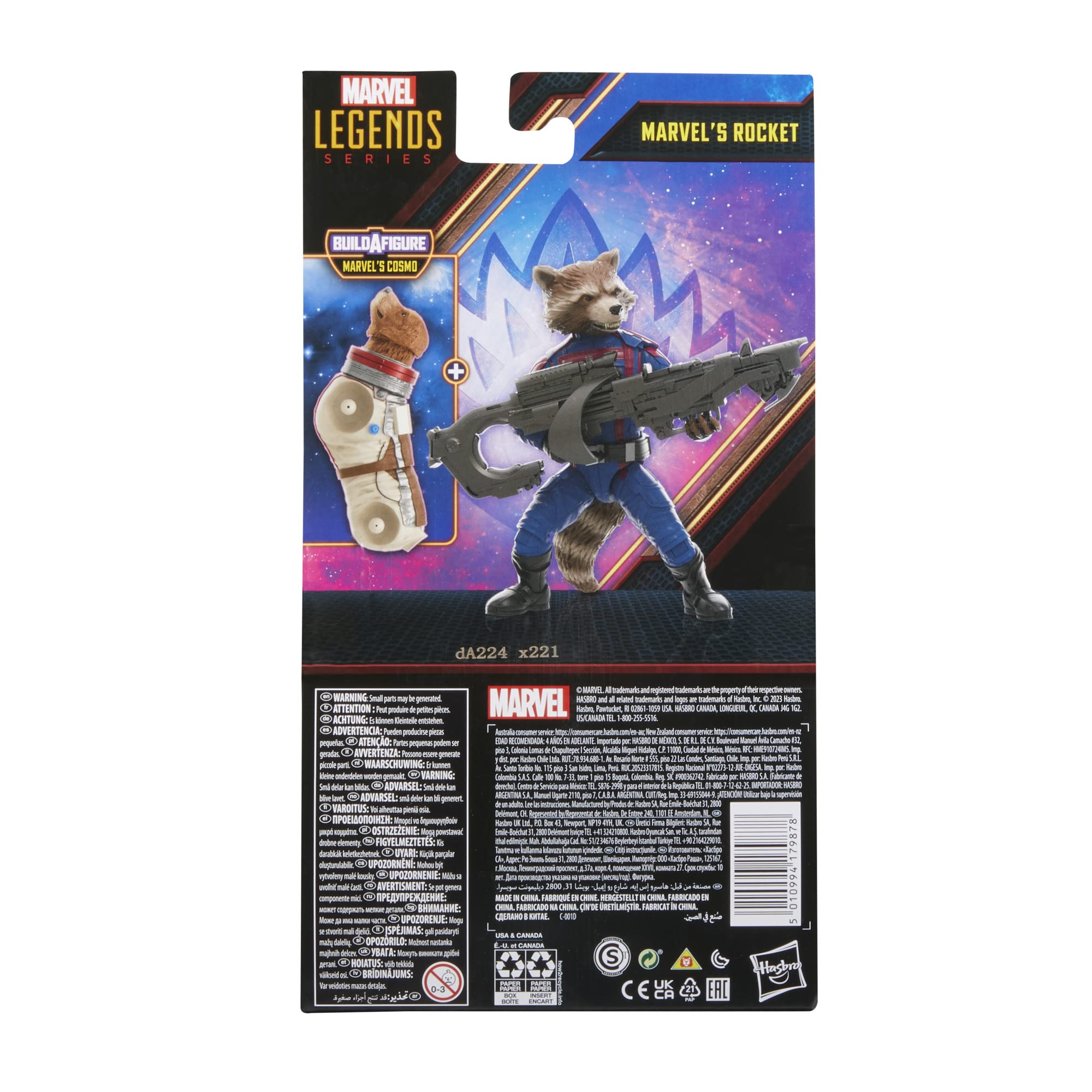 Marvel's Rocket figure holding blaster accessory for movie-inspired action