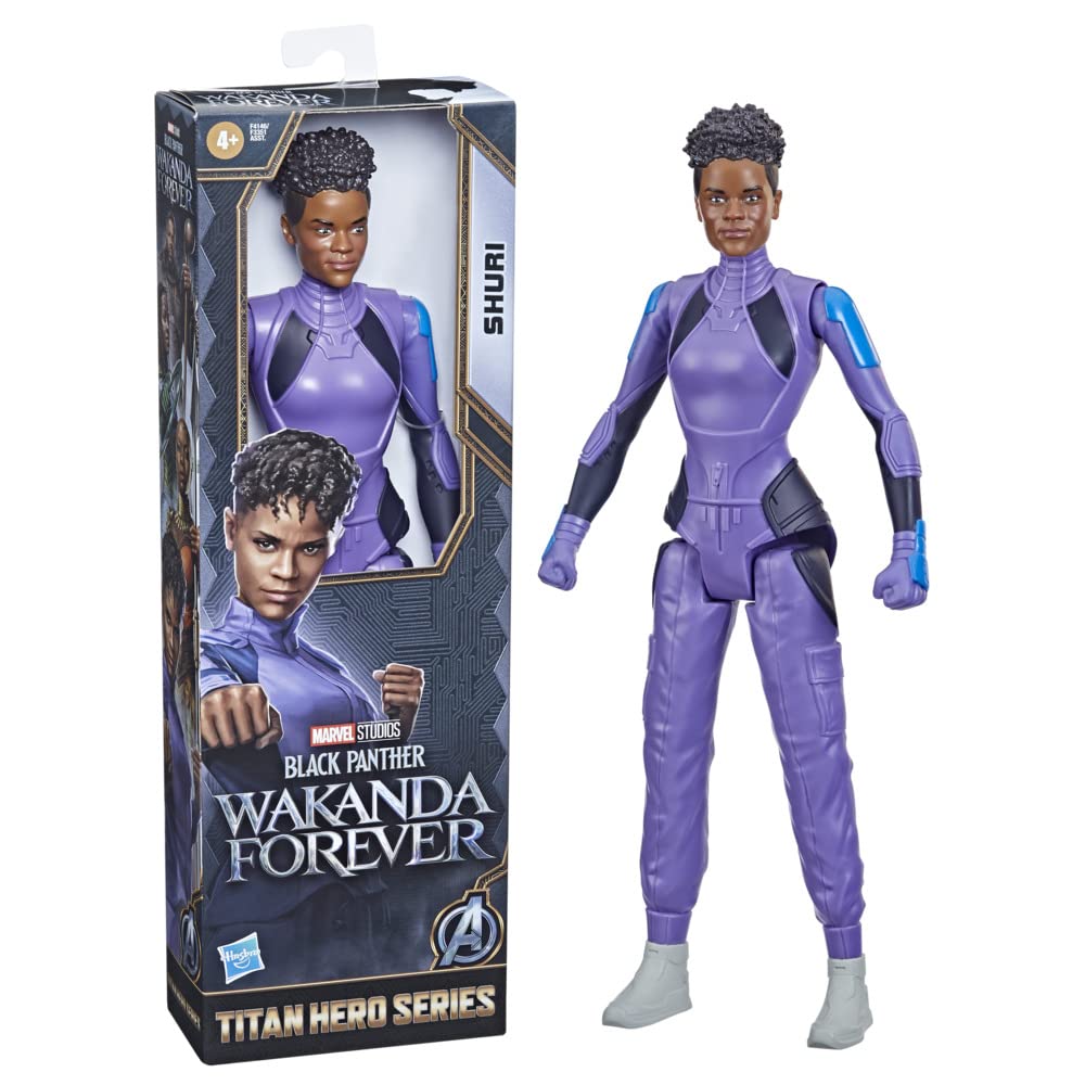 Marvel Shuri 12-inch action figure ready for battle with poseable joints and dynamic design.
