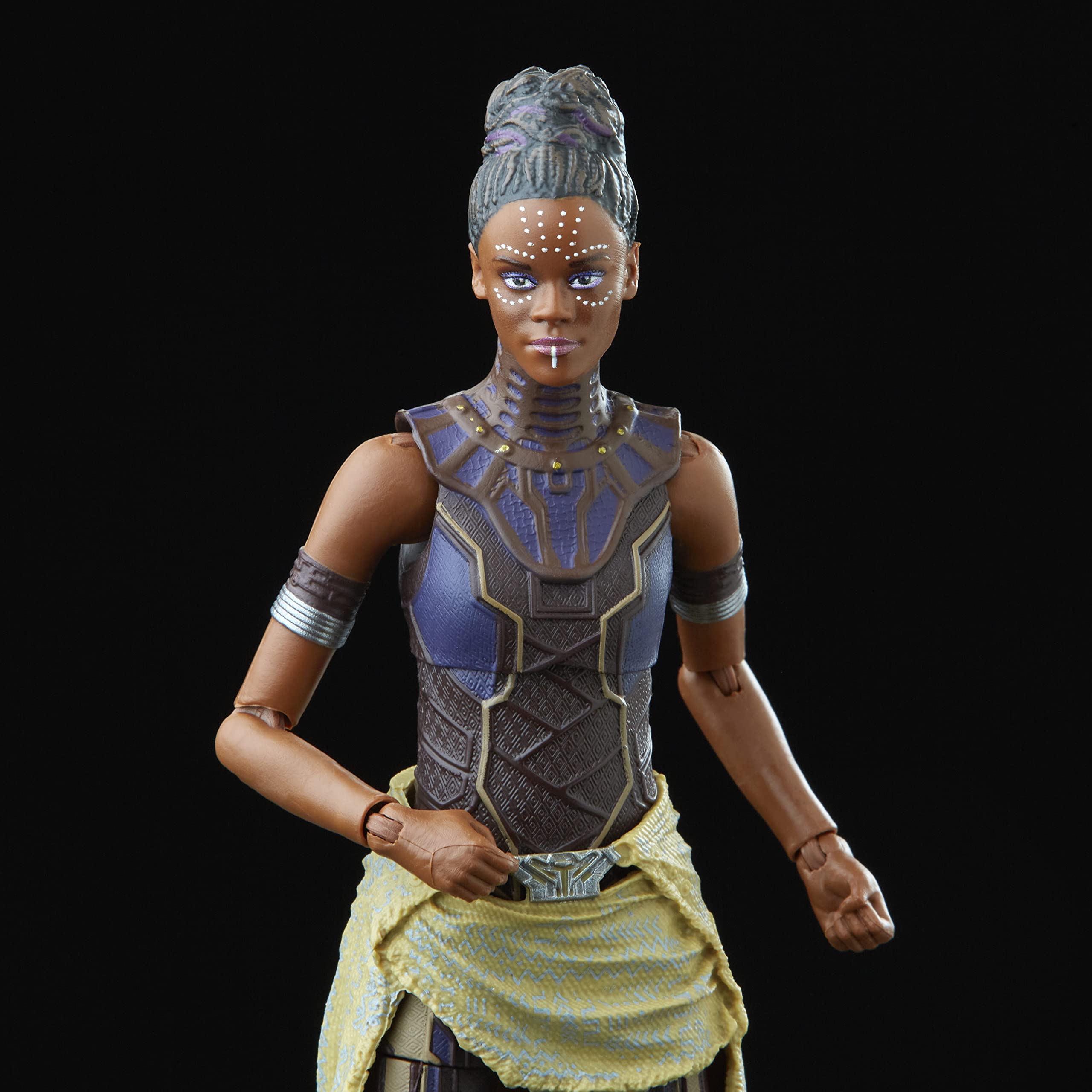 Front view of Marvel Legends Shuri figure with detailed deco.