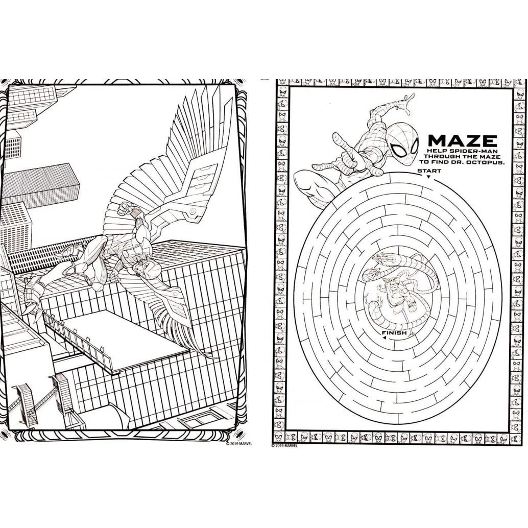 Maze and matching activities with Spider-Man characters provide engaging challenges.