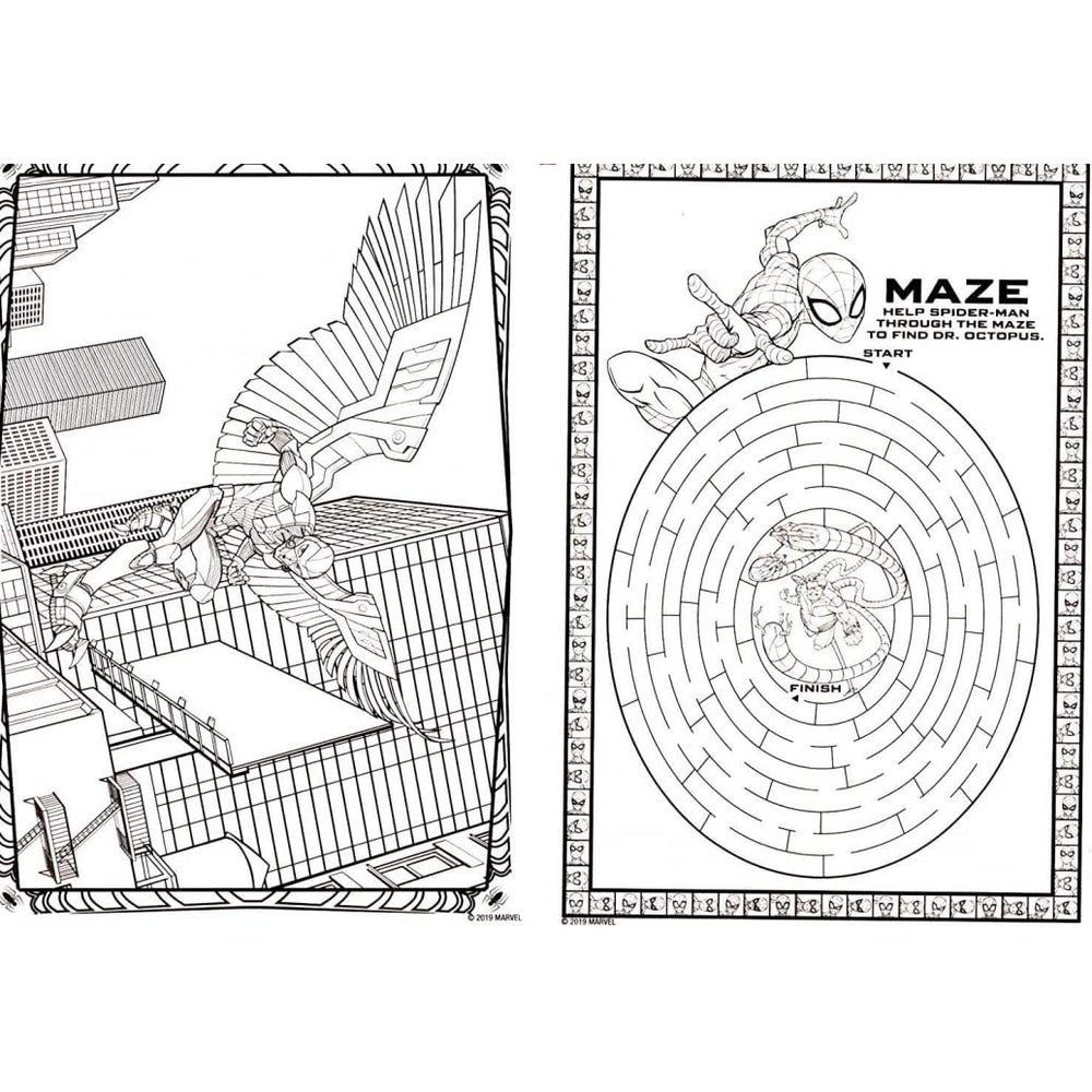 Maze and matching activities with Spider-Man characters provide engaging challenges.
