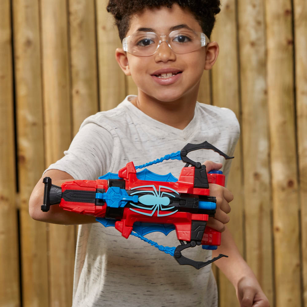 Outdoor-friendly Nerf blaster in Spider-Man colors for backyard adventures.