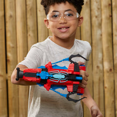 Outdoor-friendly Nerf blaster in Spider-Man colors for backyard adventures.