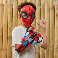 Marvel branding and web motif enhances superhero play.
