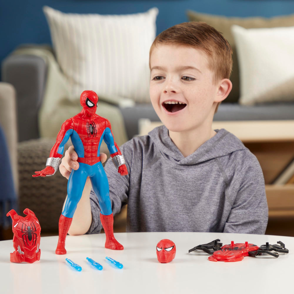 Marvel Spider-Man twist-action pose highlights the thwip blast feature for play.
