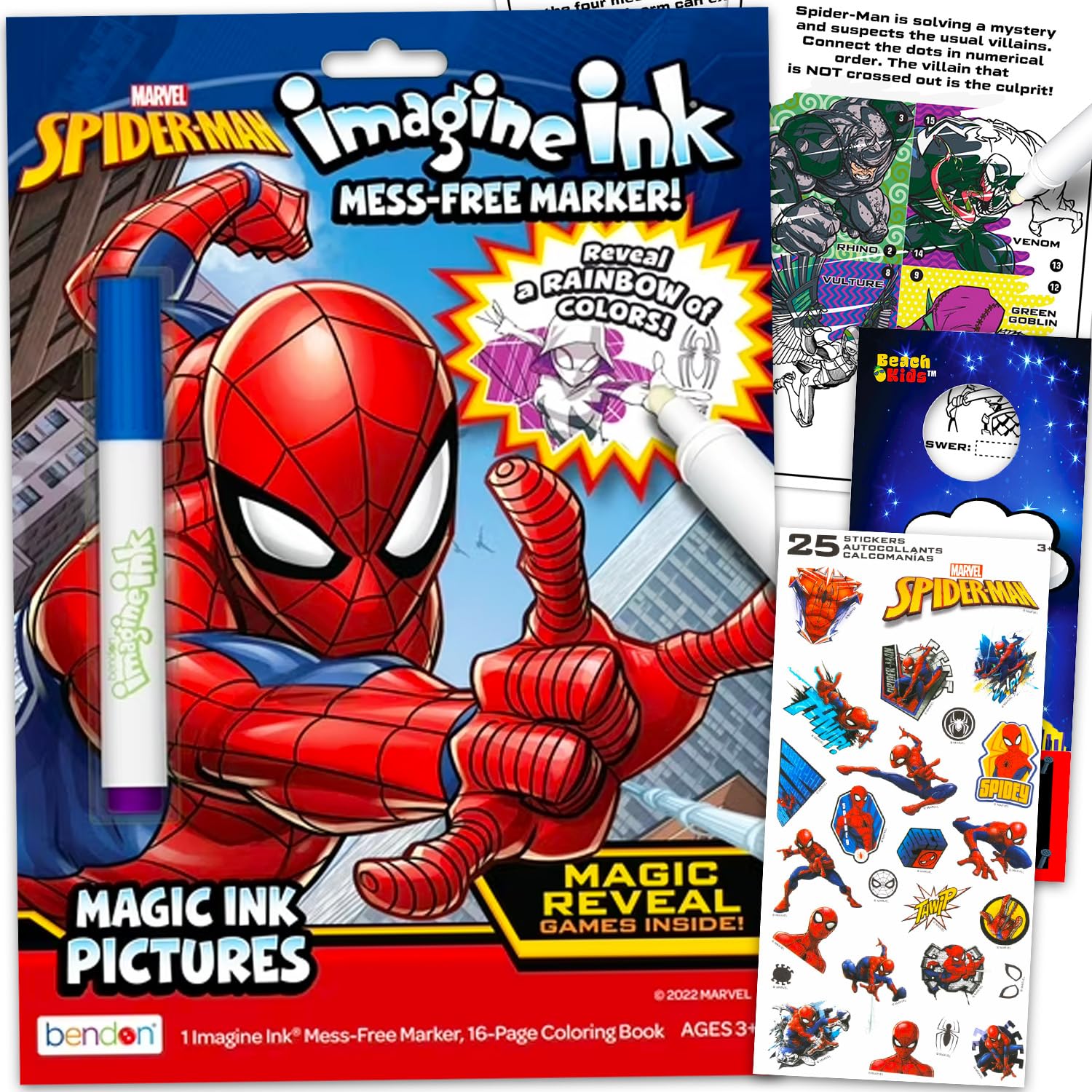 Marvel Spiderman Imagine Ink coloring book cover shows vibrant, mess-free coloring for kids