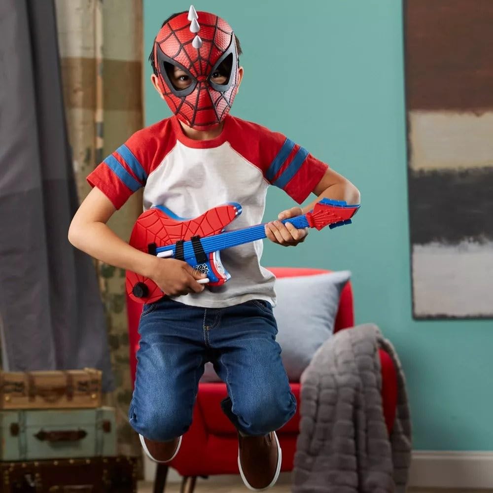 Marvel Spider-Punk mask with adjustable-band closeup showing fit.