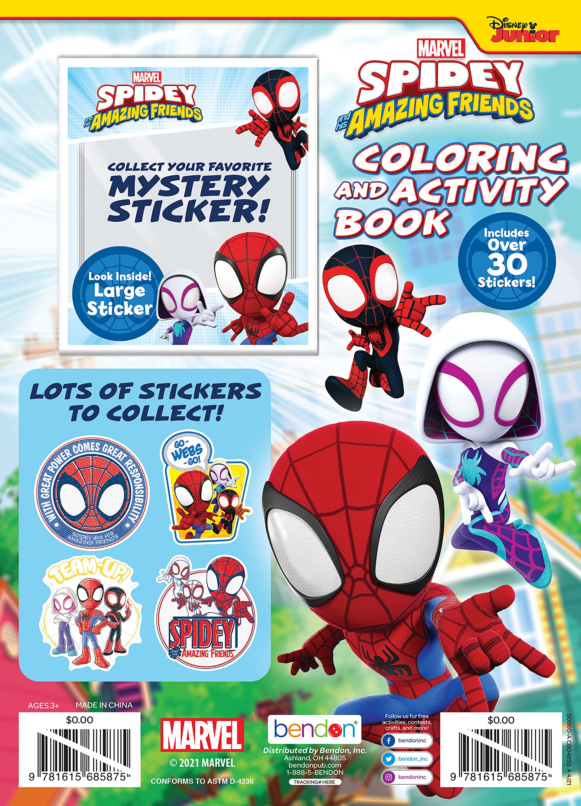 Illustrated pages featuring Marvel Spidey and His Amazing Friends spark coloring fun.
