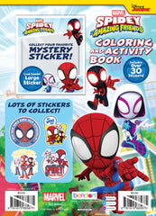 Illustrated pages featuring Marvel Spidey and His Amazing Friends spark coloring fun.