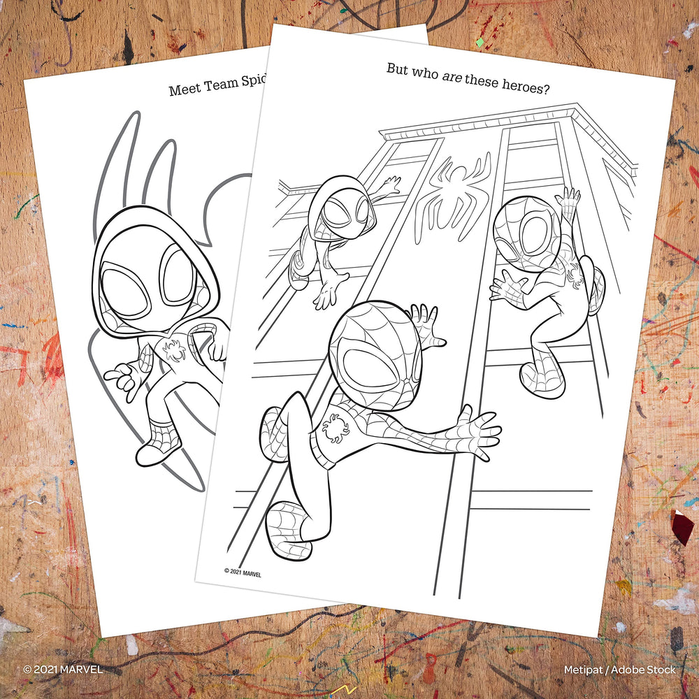 Perforated pages simplify sharing finished artwork from Marvel Spidey and His Amazing Friends.