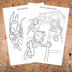 Perforated pages simplify sharing finished artwork from Marvel Spidey and His Amazing Friends.