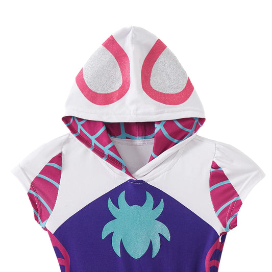 Marvel Ghost Spider hooded dress, back view showing color-blocked design and comfortable fit