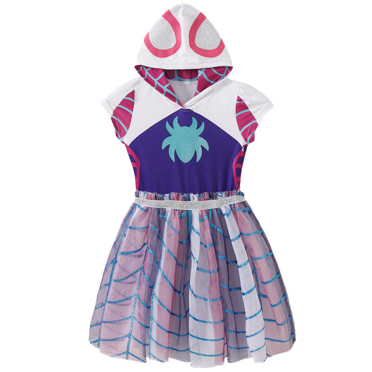 Marvel Ghost Spider hooded dress, front view with Gwen Stacy print, ideal for cosplay