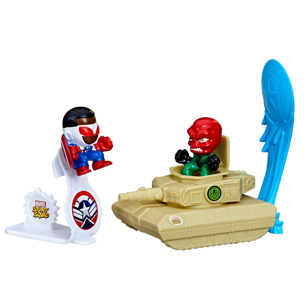 Marvel Stunt Squad Captain America launcher in action, perfect for dynamic pretend battles.