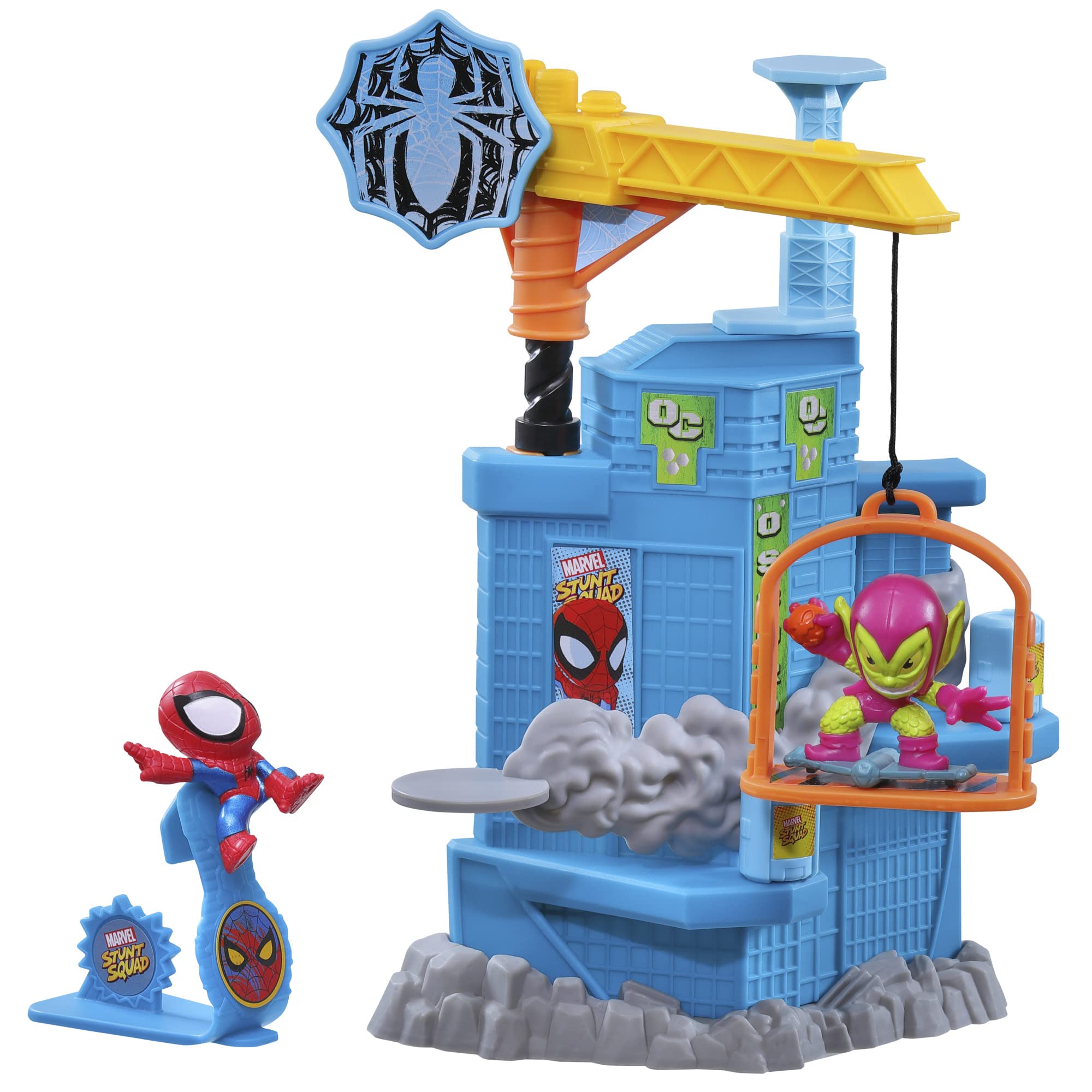 Marvel Stunt Squad Crane Smash Playset cover image showing two heroes ready for action.