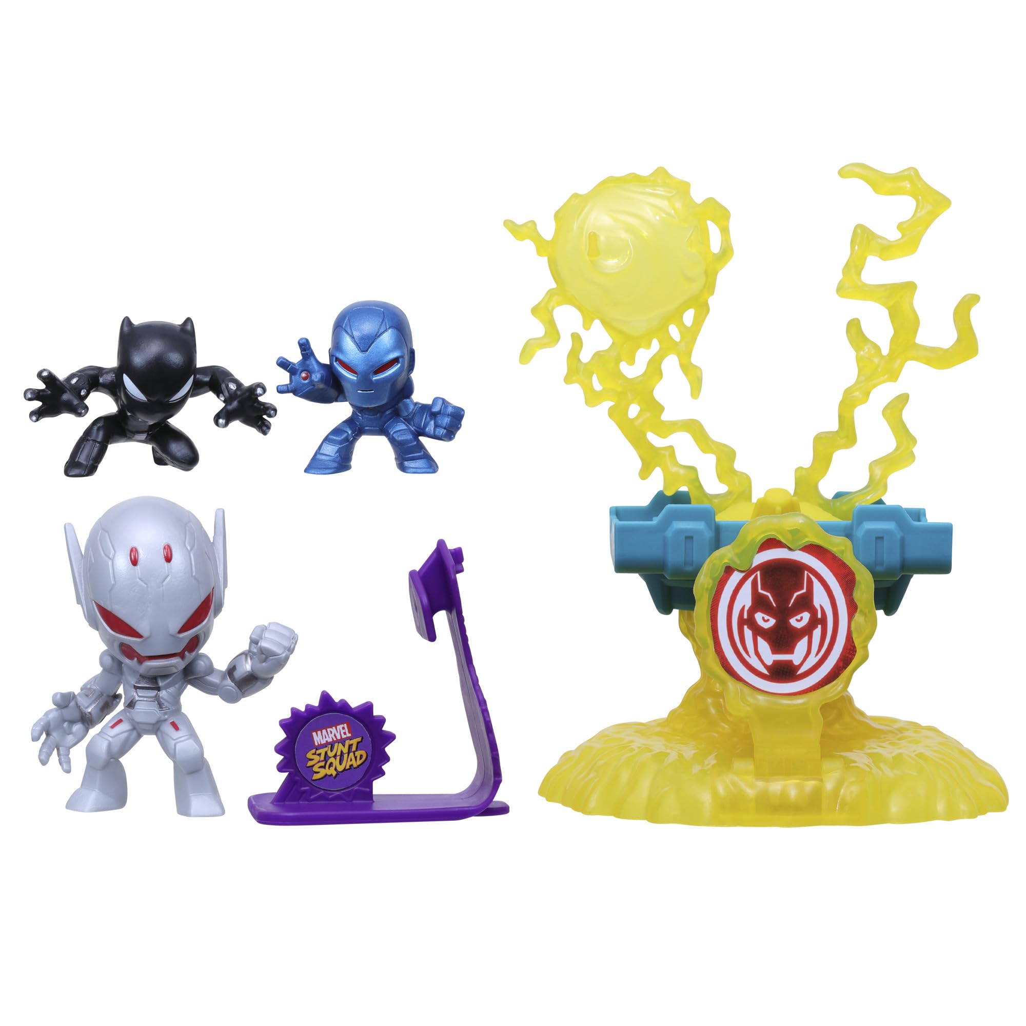 Marvel Stunt Squad figures: Black Panther, Iron Man, and Ultron in dynamic battle pose for imaginative play